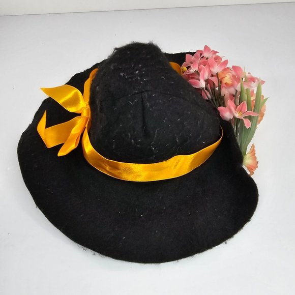 Vintage Build A Bear Felt Hat Black Orange Ribbon Flowers - Picture 4 of 6